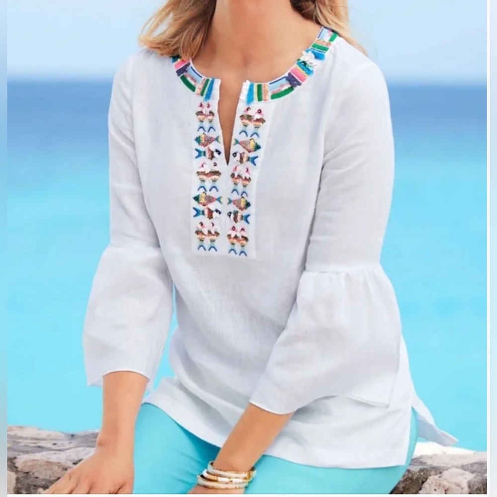 Talbots linen fish embroidered beaded tunic XS
